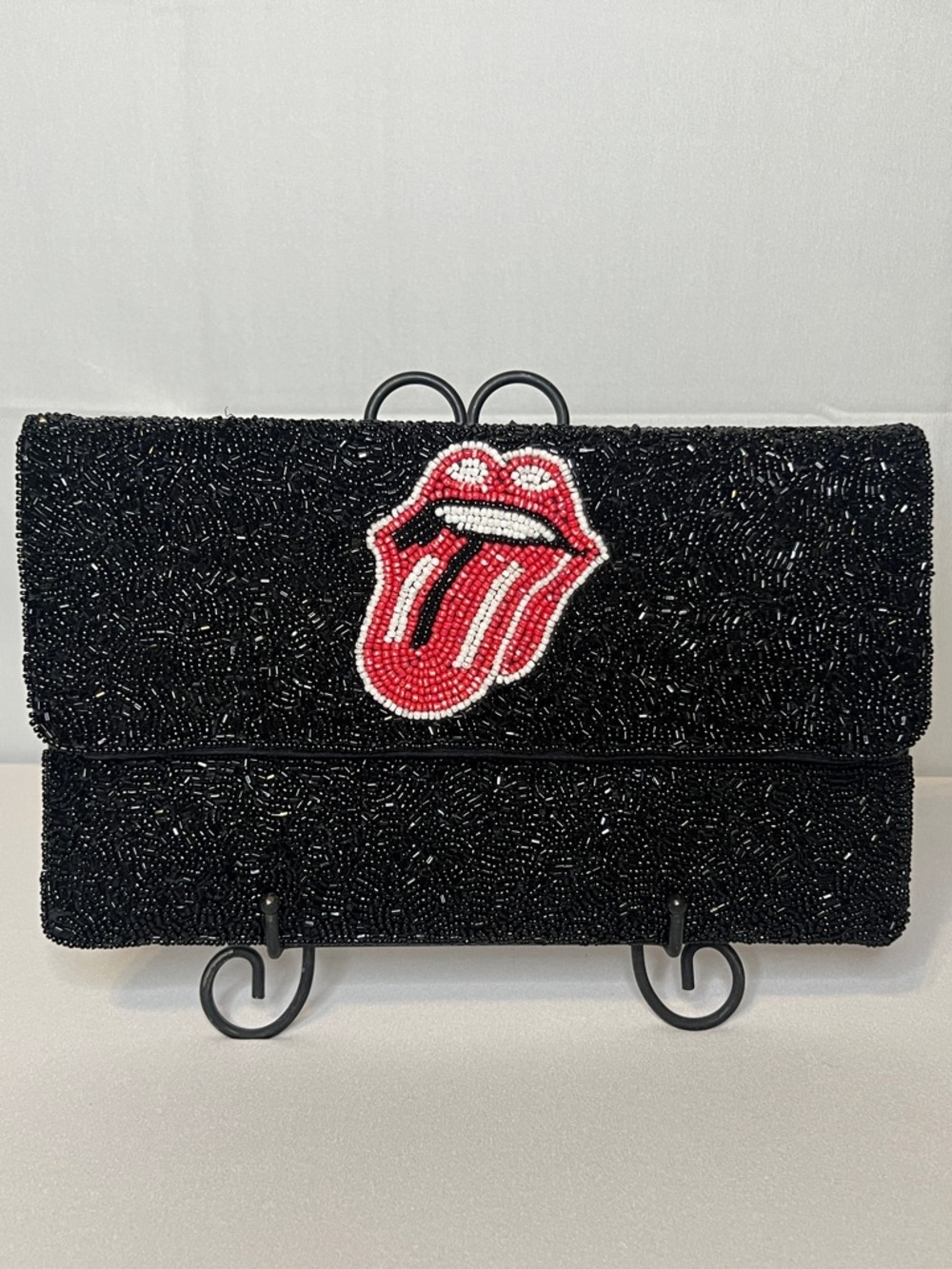 Black Beaded Clutch with Red Beaded Tongue Motif